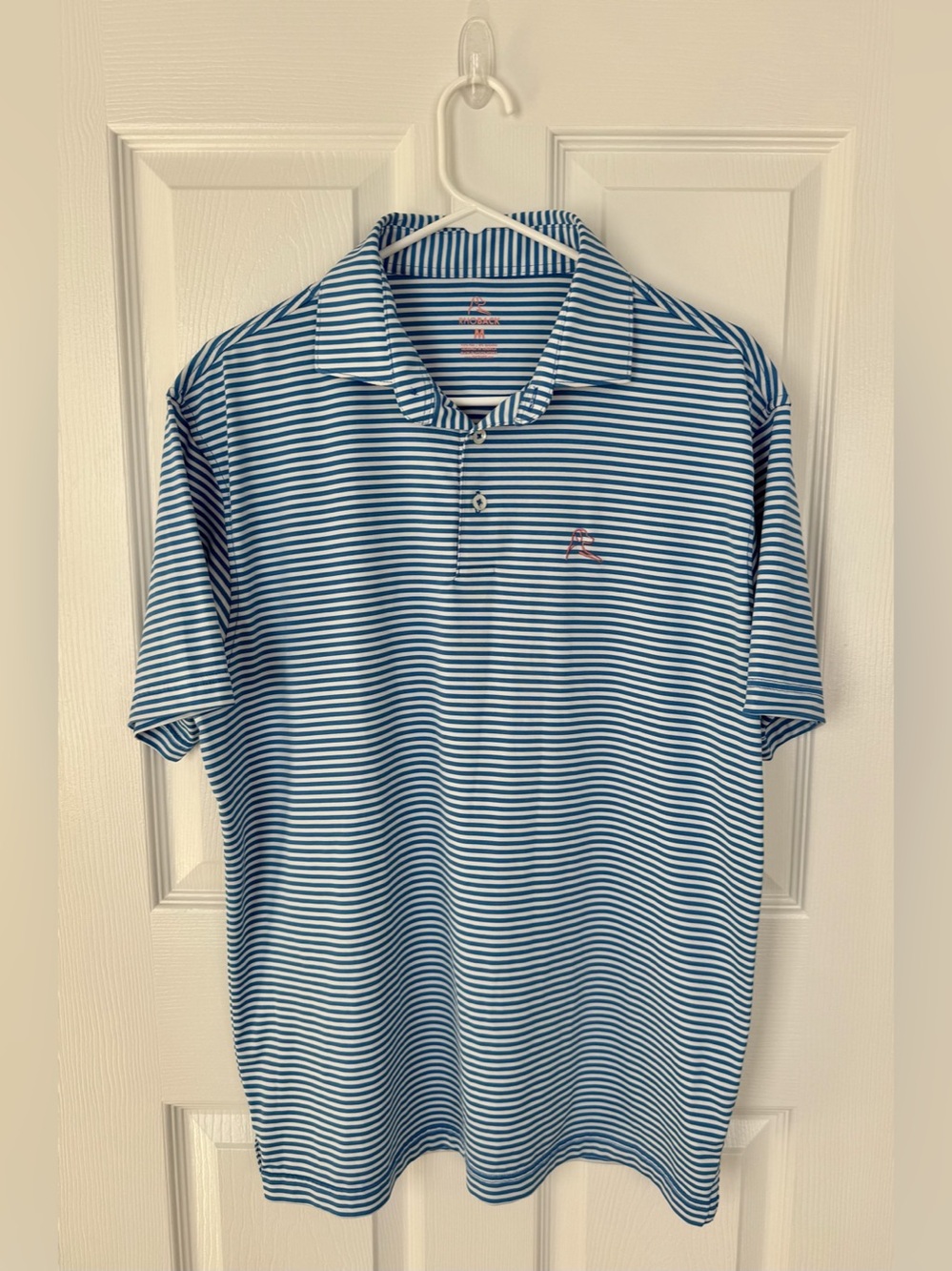 Men’s Rhoback Striped Blue & White Polo w/ Pink logo - Medium